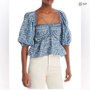 SEA New York Blue Floral Puff Sleeve Top size XL